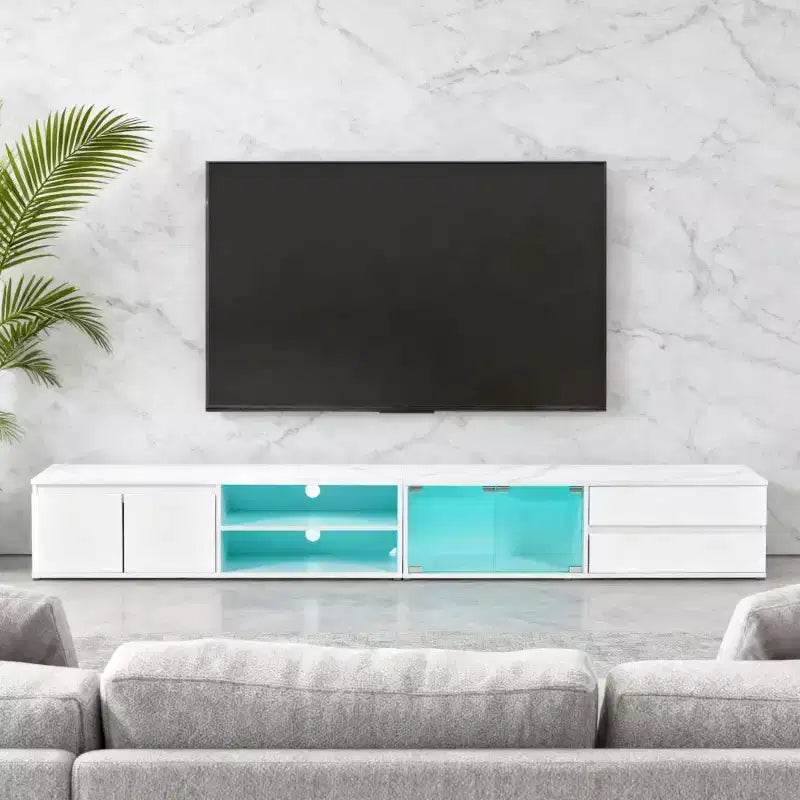 Mobile TV con luci LED e armadietti, bianco, adatto per TV fino a 105"