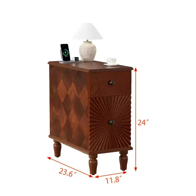 Tavolino laterale/Comodino moderno e stretto con 2 cassetti, Noce