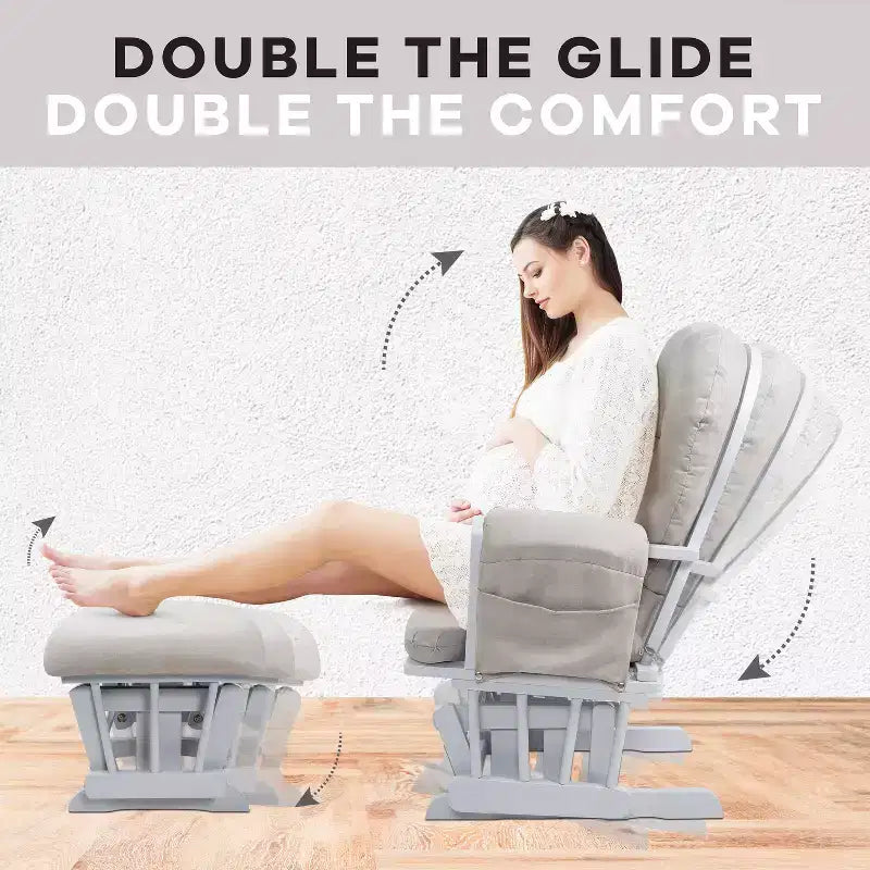 Sedia a dondolo da asilo nido con pouf per allattamento e relax, tasche portaoggetti