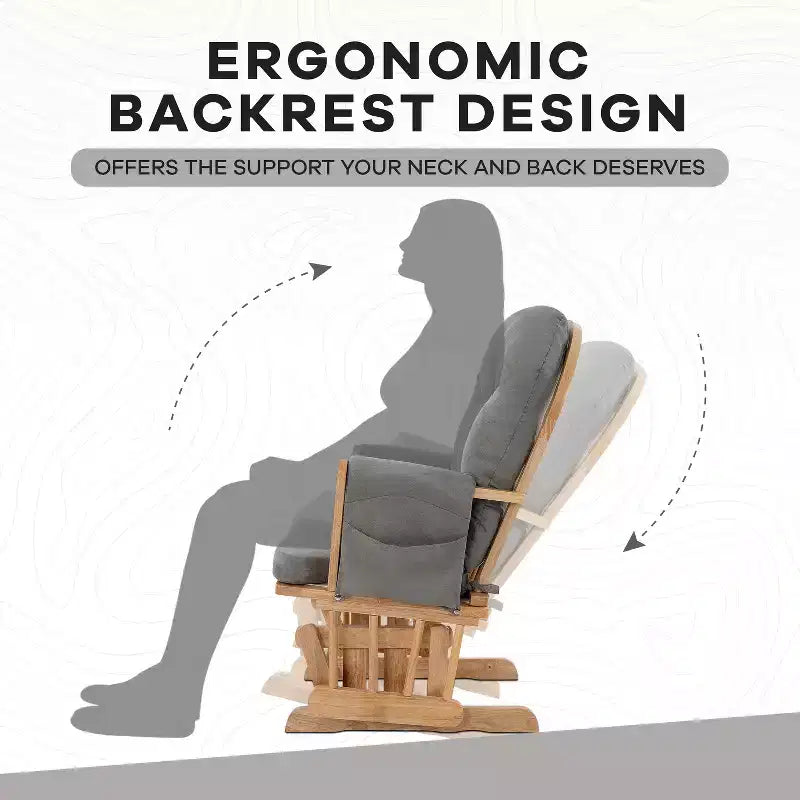 Sedia a dondolo da asilo nido con pouf per allattamento e relax, tasche portaoggetti