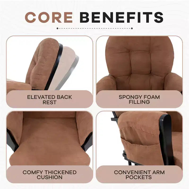 Sedia a dondolo da asilo nido con pouf per allattamento e relax, tasche portaoggetti