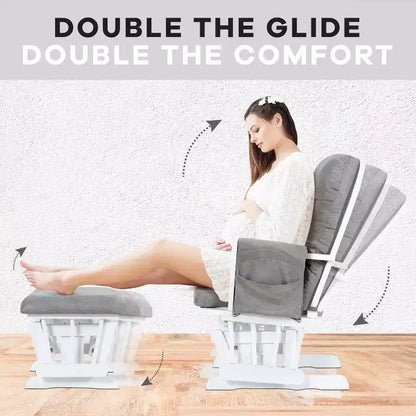 Sedia a dondolo da asilo nido con pouf per allattamento e relax, tasche portaoggetti