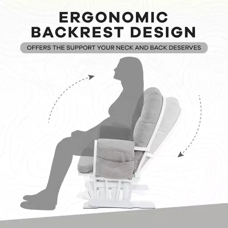 Sedia a dondolo da asilo nido con pouf per allattamento e relax, tasche portaoggetti