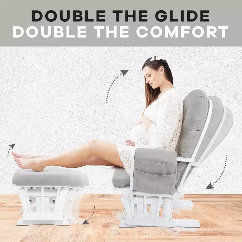 Sedia a dondolo da asilo nido con pouf per allattamento e relax, tasche portaoggetti