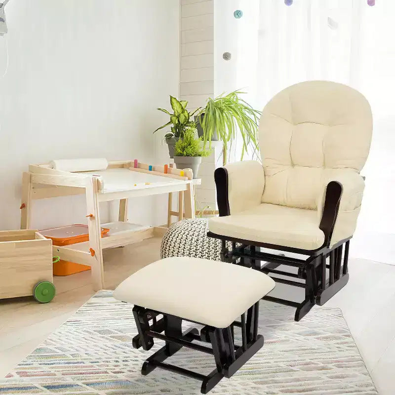 Sedia a dondolo da asilo nido con pouf per allattamento e relax, tasche portaoggetti