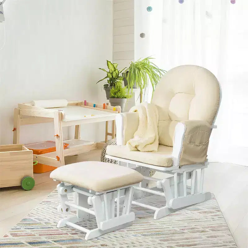 Sedia a dondolo da asilo nido con pouf per allattamento e relax, tasche portaoggetti