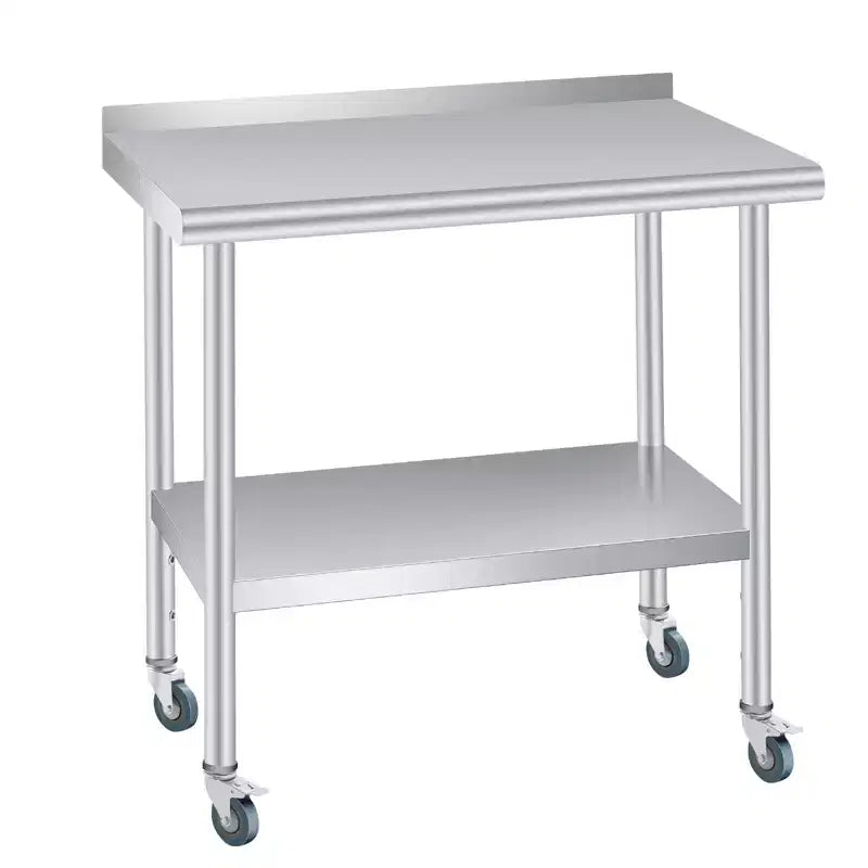 Tavolo in Acciaio Inox 76 x 61 cm con Alzatina, 4 Ruote Girevoli, Banco da Lavoro Pesante con Ripiano Inferiore Regolabile per Attività di Ristorazione