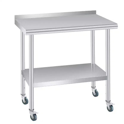 Tavolo in Acciaio Inox 76 x 61 cm con Alzatina, 4 Ruote Girevoli, Banco da Lavoro Pesante con Ripiano Inferiore Regolabile per Attività di Ristorazione