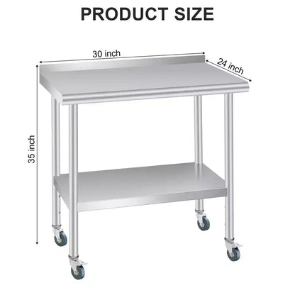 Tavolo in Acciaio Inox 76 x 61 cm con Alzatina, 4 Ruote Girevoli, Banco da Lavoro Pesante con Ripiano Inferiore Regolabile per Attività di Ristorazione