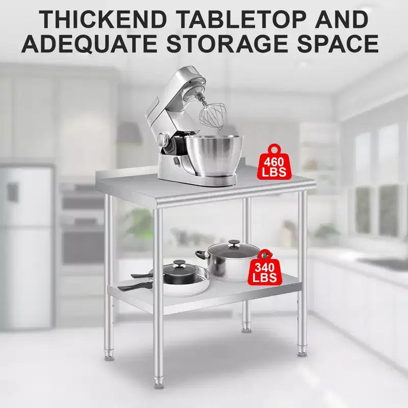 Tavolo in Acciaio Inox 76 x 61 cm con Alzatina, 4 Ruote Girevoli, Banco da Lavoro Pesante con Ripiano Inferiore Regolabile per Attività di Ristorazione