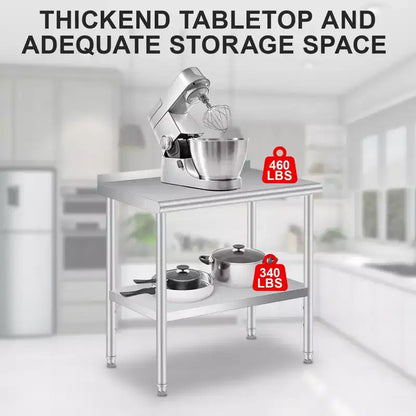 Tavolo in Acciaio Inox 76 x 61 cm con Alzatina, 4 Ruote Girevoli, Banco da Lavoro Pesante con Ripiano Inferiore Regolabile per Attività di Ristorazione
