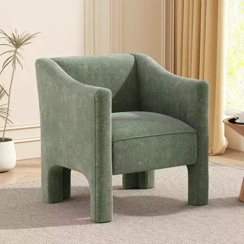Poltrona di design moderna in ciniglia con schienale avvolgente e braccioli integrati