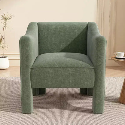 Poltrona di design moderna in ciniglia con schienale avvolgente e braccioli integrati