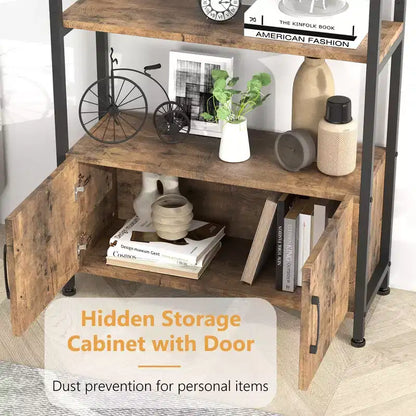 Libreria ad arco a 4 livelli con ante e vano portaoggetti, libreria industriale alta 181 cm con struttura in metallo, libreria curva aperta, espositore