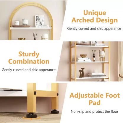 Libreria ad arco a 4 livelli con ante e vano portaoggetti, libreria industriale alta 181 cm con struttura in metallo, libreria curva aperta, espositore