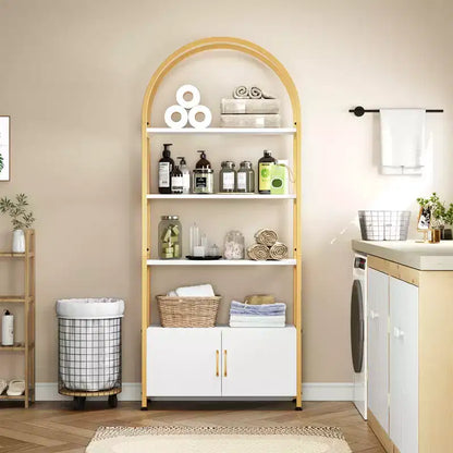 Libreria ad arco a 4 livelli con ante e vano portaoggetti, libreria industriale alta 181 cm con struttura in metallo, libreria curva aperta, espositore