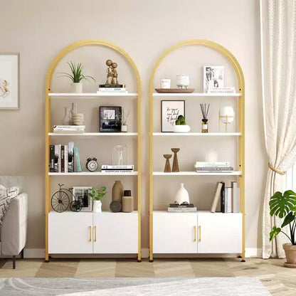 Libreria ad arco a 4 livelli con ante e vano portaoggetti, libreria industriale alta 181 cm con struttura in metallo, libreria curva aperta, espositore