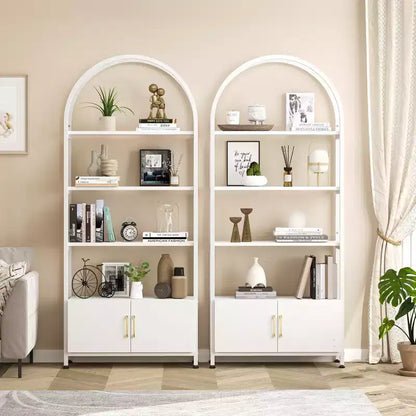 Libreria ad arco a 4 livelli con ante e vano portaoggetti, libreria industriale alta 181 cm con struttura in metallo, libreria curva aperta, espositore