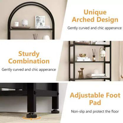 Libreria ad arco a 4 livelli con ante e vano portaoggetti, libreria industriale alta 181 cm con struttura in metallo, libreria curva aperta, espositore