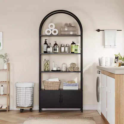 Libreria ad arco a 4 livelli con ante e vano portaoggetti, libreria industriale alta 181 cm con struttura in metallo, libreria curva aperta, espositore