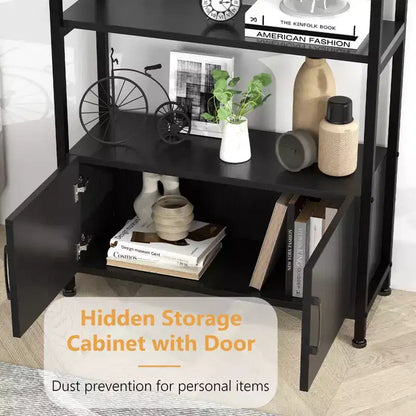Libreria ad arco a 4 livelli con ante e vano portaoggetti, libreria industriale alta 181 cm con struttura in metallo, libreria curva aperta, espositore