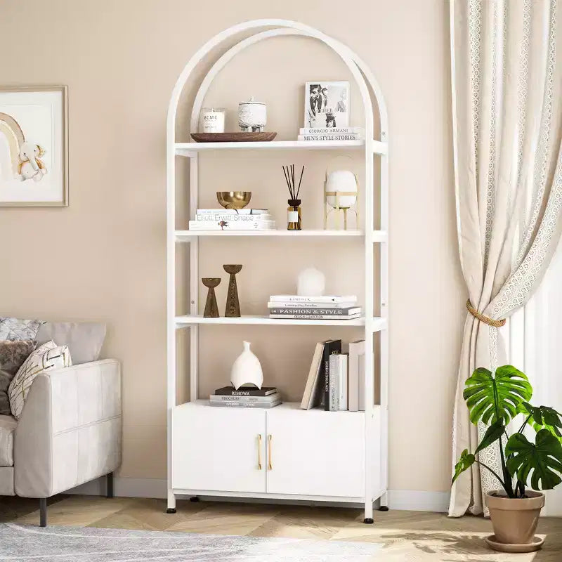 Libreria ad arco a 4 livelli con ante e vano portaoggetti, libreria industriale alta 181 cm con struttura in metallo, libreria curva aperta, espositore