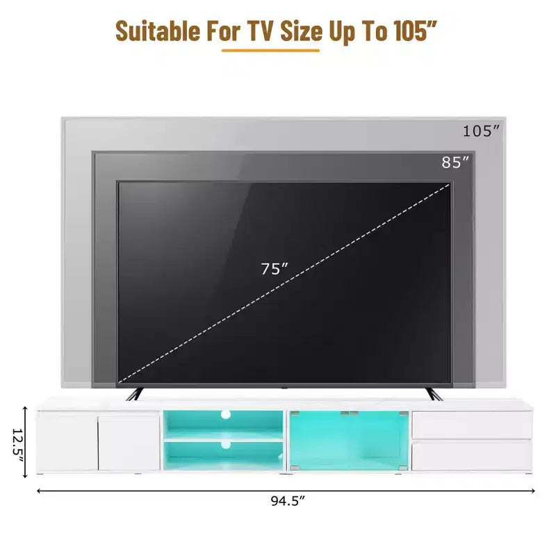 Mobile TV con luci LED e armadietti, bianco, adatto per TV fino a 105"