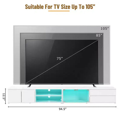 Mobile TV con luci LED e armadietti, bianco, adatto per TV fino a 105"