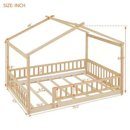 Letto Montessori a terra matrimoniale con struttura in legno a casetta, recinzione e design a casetta da gioco