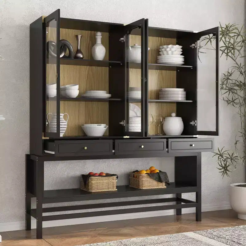 Dispensa da Cucina con Ante in Vetro, Ripiani Regolabili e Dettagli Dorati