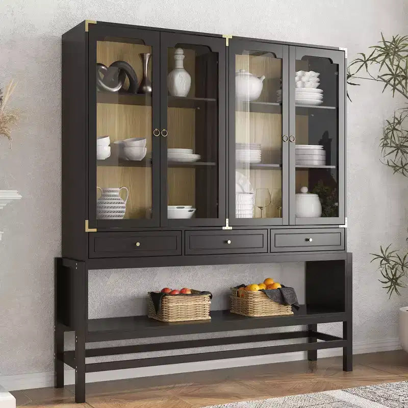 Dispensa da Cucina con Ante in Vetro, Ripiani Regolabili e Dettagli Dorati