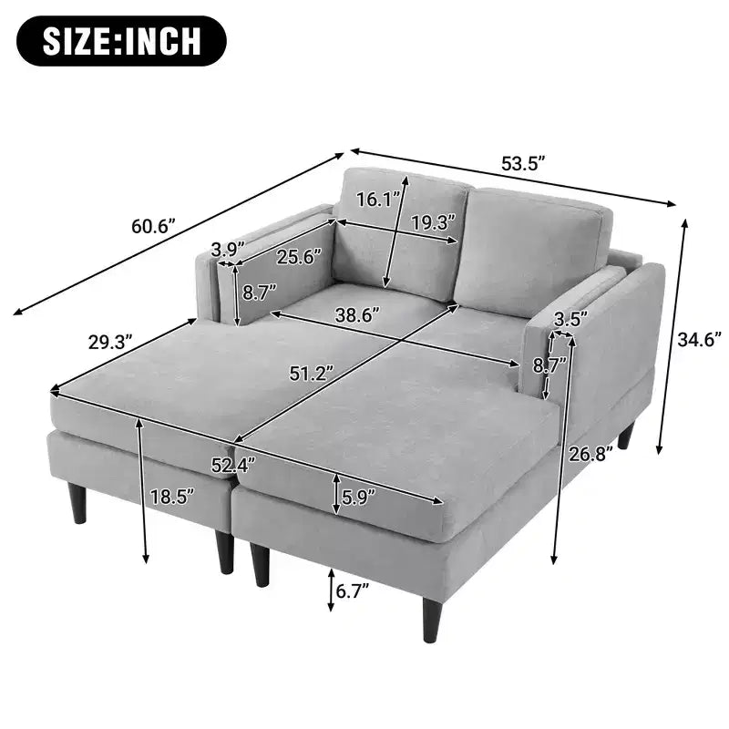 Moderna chaise longue a 2 posti (53.5") rivestita in ciniglia con configurazione convertibile