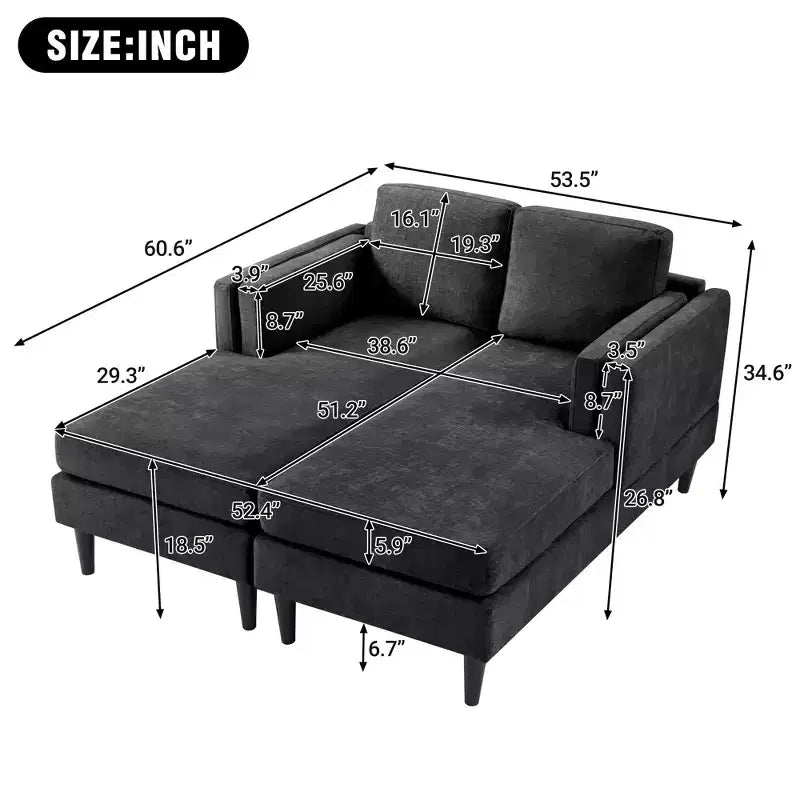 Moderna chaise longue a 2 posti (53.5") rivestita in ciniglia con configurazione convertibile