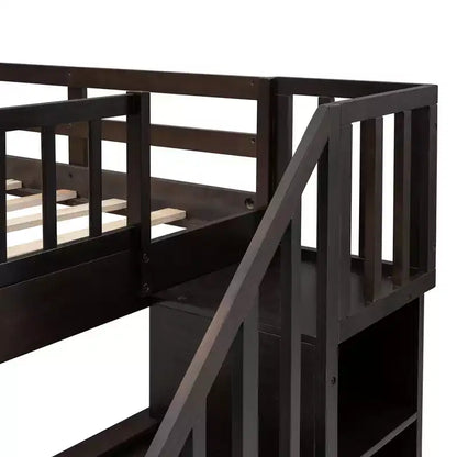 Letti a castello matrimoniali con letto estraibile e scala, letto a castello in legno con scala, contenitore e parapetto per dormitorio