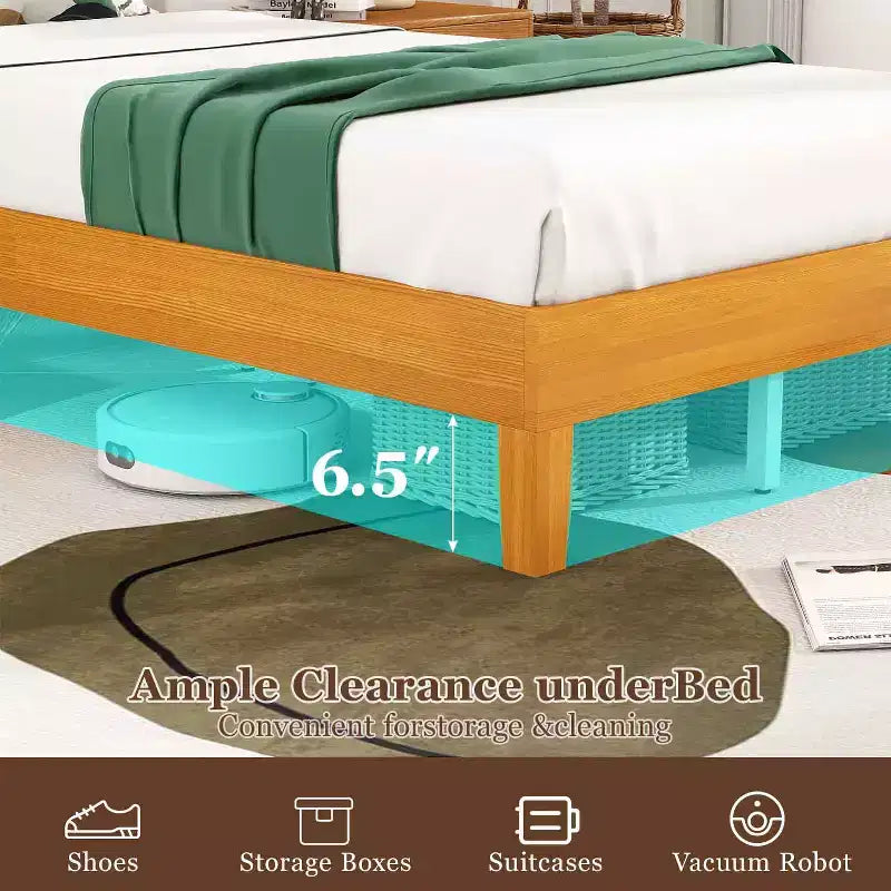 Struttura letto a piattaforma in legno massello con testiera e 14 doghe di supporto, senza rete a molle