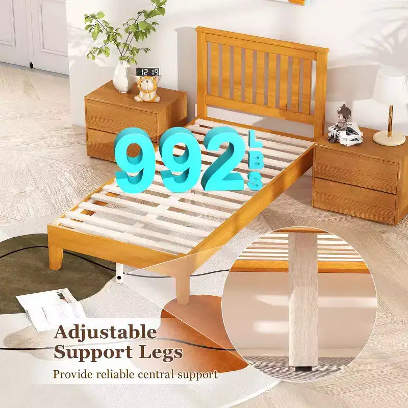 Struttura letto a piattaforma in legno massello con testiera e 14 doghe di supporto, senza rete a molle