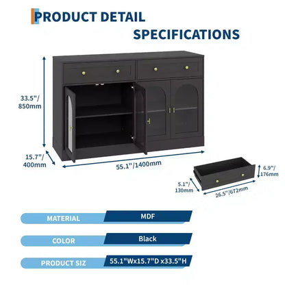 55Mobile credenza da fattoria con contenitore, Grande mobile credenza da cucina con 4 ante in acrilico e 2 cassetti, Tavolino da caffè moderno per la sala da pranzo