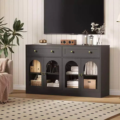 55Mobile credenza da fattoria con contenitore, Grande mobile credenza da cucina con 4 ante in acrilico e 2 cassetti, Tavolino da caffè moderno per la sala da pranzo