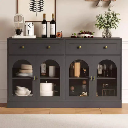 55Mobile credenza da fattoria con contenitore, Grande mobile credenza da cucina con 4 ante in acrilico e 2 cassetti, Tavolino da caffè moderno per la sala da pranzo