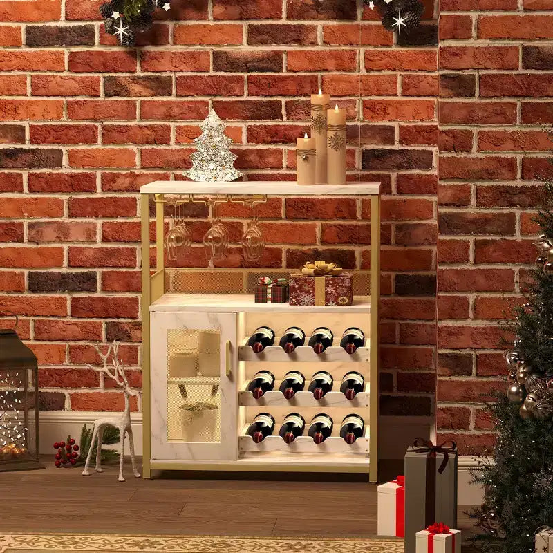 Mobile Bar per Vino con Portabottiglie, Portabicchieri e Anta a Rete, Credenza Industriale