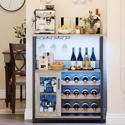 Mobile Bar per Vino con Portabottiglie, Portabicchieri e Anta a Rete, Credenza Industriale