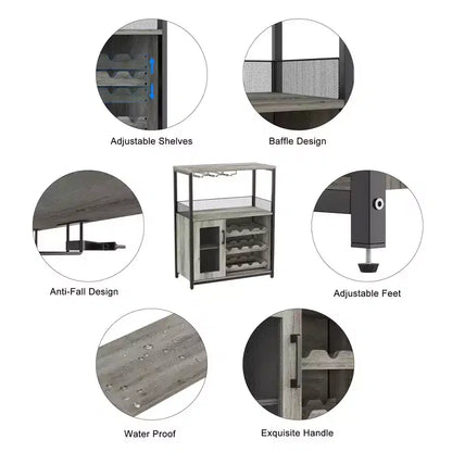 Mobile Bar per Vino con Portabottiglie, Portabicchieri e Anta a Rete, Credenza Industriale