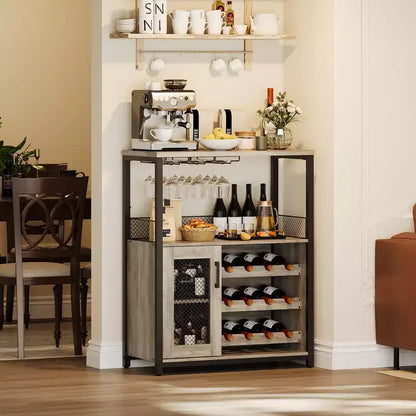 Mobile Bar per Vino con Portabottiglie, Portabicchieri e Anta a Rete, Credenza Industriale