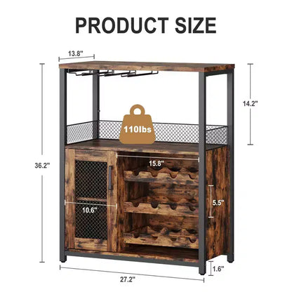 Mobile Bar per Vino con Portabottiglie, Portabicchieri e Anta a Rete, Credenza Industriale