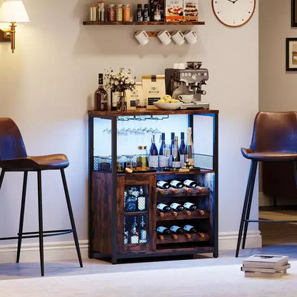 Mobile Bar per Vino con Portabottiglie, Portabicchieri e Anta a Rete, Credenza Industriale