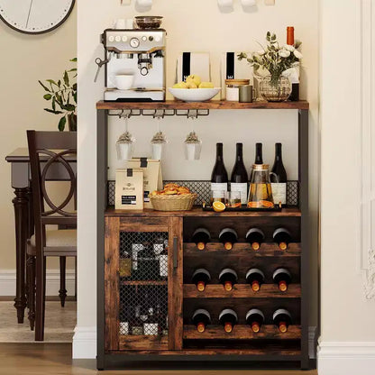 Mobile Bar per Vino con Portabottiglie, Portabicchieri e Anta a Rete, Credenza Industriale