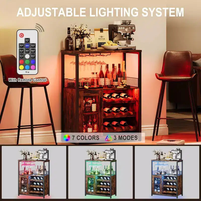 Mobile Bar per Vino con Portabottiglie, Portabicchieri e Anta a Rete, Credenza Industriale