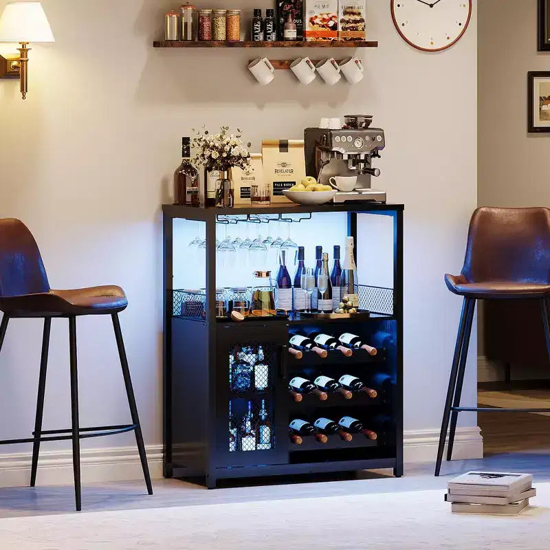 Mobile Bar per Vino con Portabottiglie, Portabicchieri e Anta a Rete, Credenza Industriale