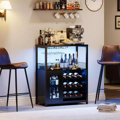 Mobile Bar per Vino con Portabottiglie, Portabicchieri e Anta a Rete, Credenza Industriale