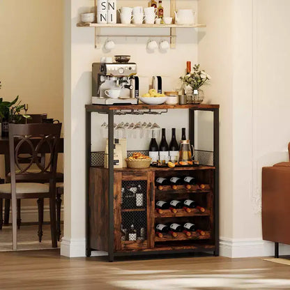 Mobile Bar per Vino con Portabottiglie, Portabicchieri e Anta a Rete, Credenza Industriale